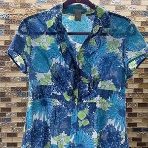 ANN TAYLOR Sheer Blue/Green shirt with ruffles